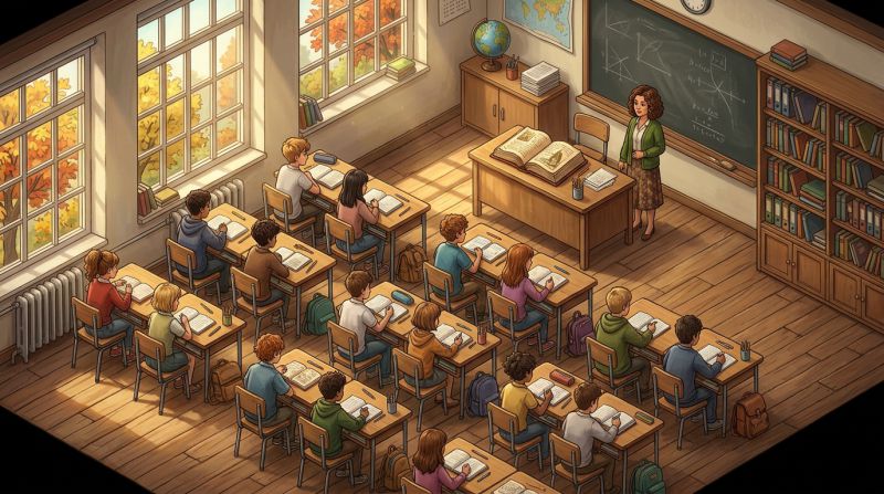 O sala de clasa de liceu vazuta de sus, elevi in banci si o carte deschisa pe catedra