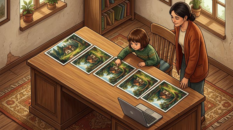 Sase variante ale aceleiasi ilustratii cu o casa la marginea padurii, asezate una langa alta pe un birou, iar un copil arata cu degetul spre una dintre ele