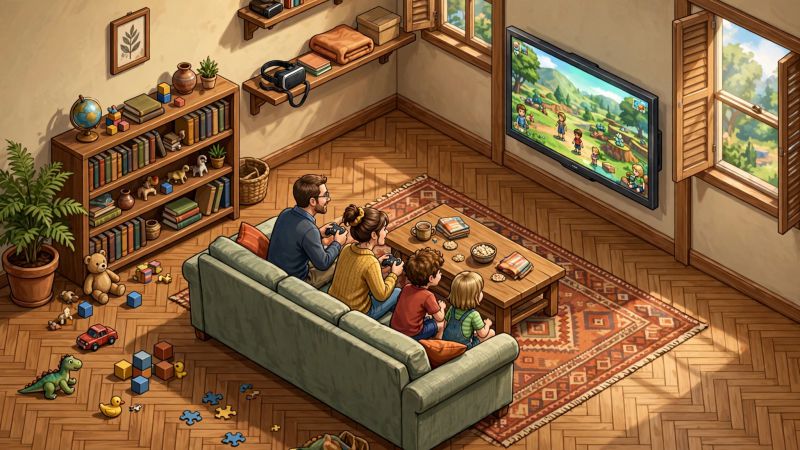 Familie pe canapea in fata televizorului, cu doua manete de consola, toata lumea uitandu-se la acelasi ecran