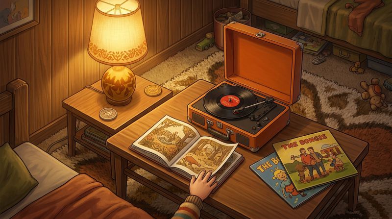 Un disc de vinil care se invarte pe un pick-up si carticica ilustrata deschisa langa el, la pagina pe care copilul urmeaza sa o intoarca la sunetul clopotelului