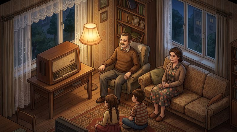 O familie stand seara in jurul unui aparat de radio vechi din lemn, intr-o camera din anii saptezeci, ascultand o piesa de teatru radiofonic